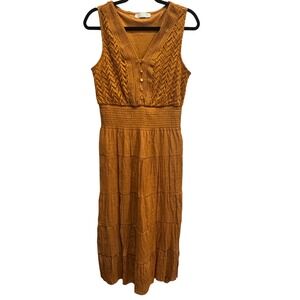 J GEE Mustard Boho Crochet Maxi Dress Smocked Waist Tiered Skirt (Fits Like M)‎